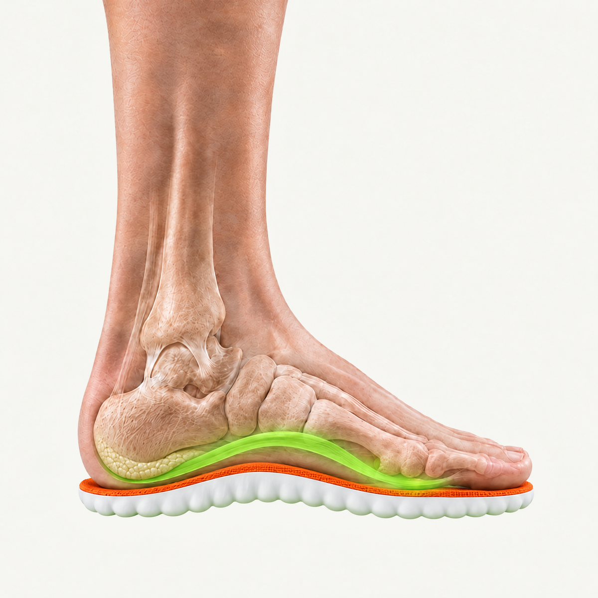 Mit stepz: die Gewölbestütze trägt die Fußmitte mit, die Last wird über die Sohle verteilt.