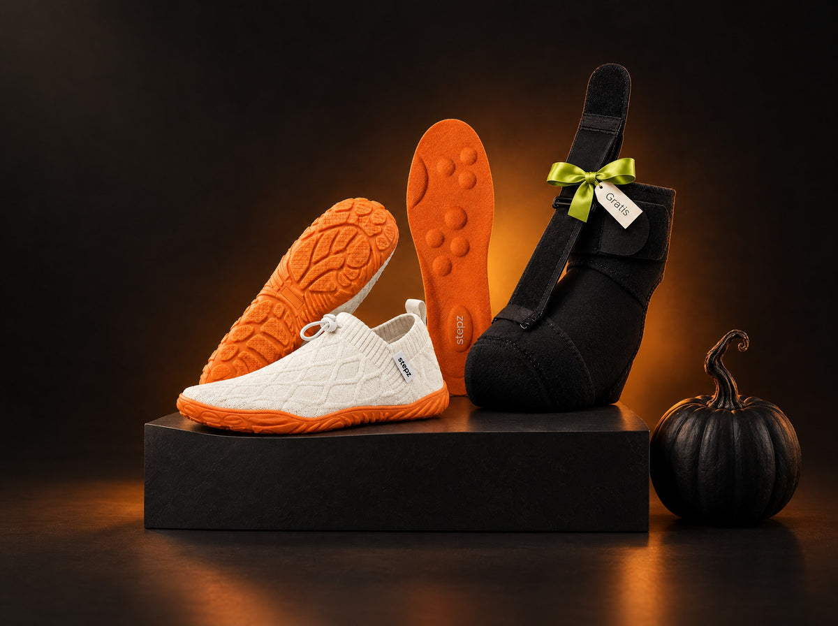 Halloween Sale bei stepz: Barfußschuhe, Entlastungssohle und Nachtschiene mit Geschenkschleife als Gratis-Geschenk
