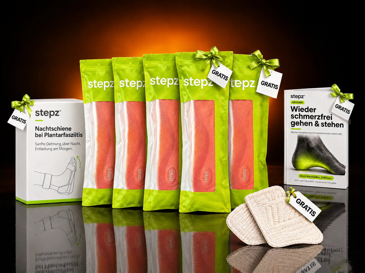 5 Paar stepz® Entlastungssohlen, davon 2 gratis + Nachtschiene + Fersenpolster + Ratgeber